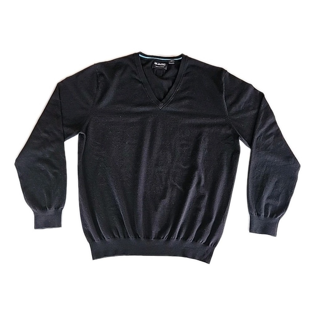 G-Mac by Kartel Mens Pullover Sweater Sz L Black Cotton Cashmere V-Neck Golf Dad